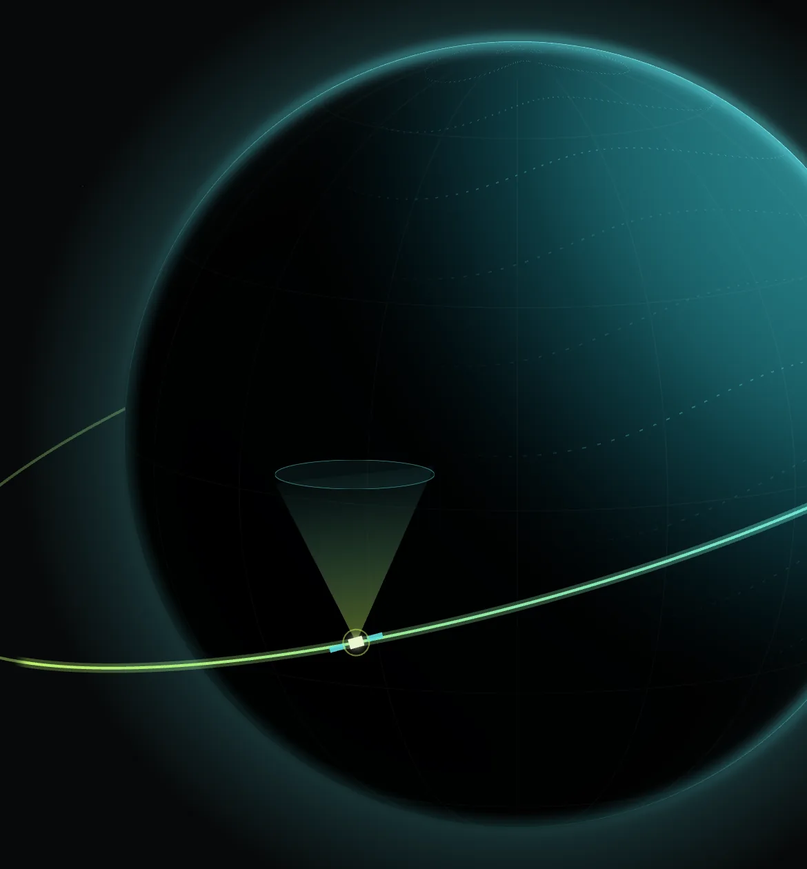 The Earth from orbit, partly in shadow, with a satellite tracing a lime-to-cyan orbit.