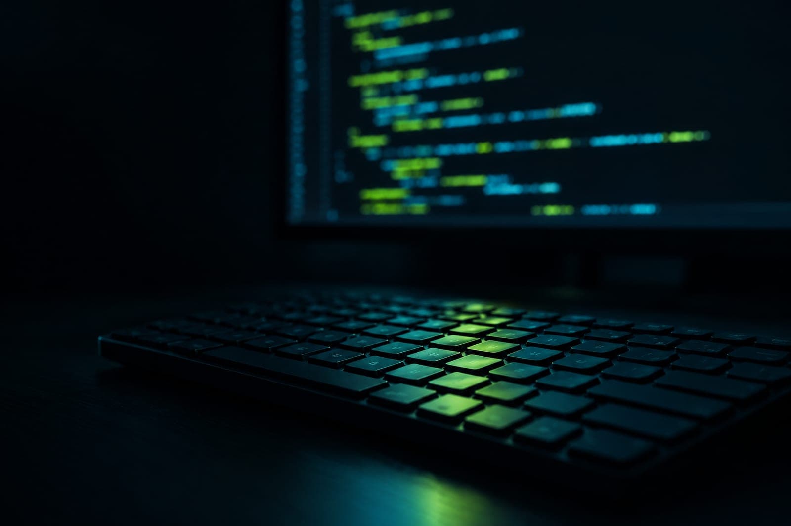 A keyboard lit by a monitor showing lines of code.