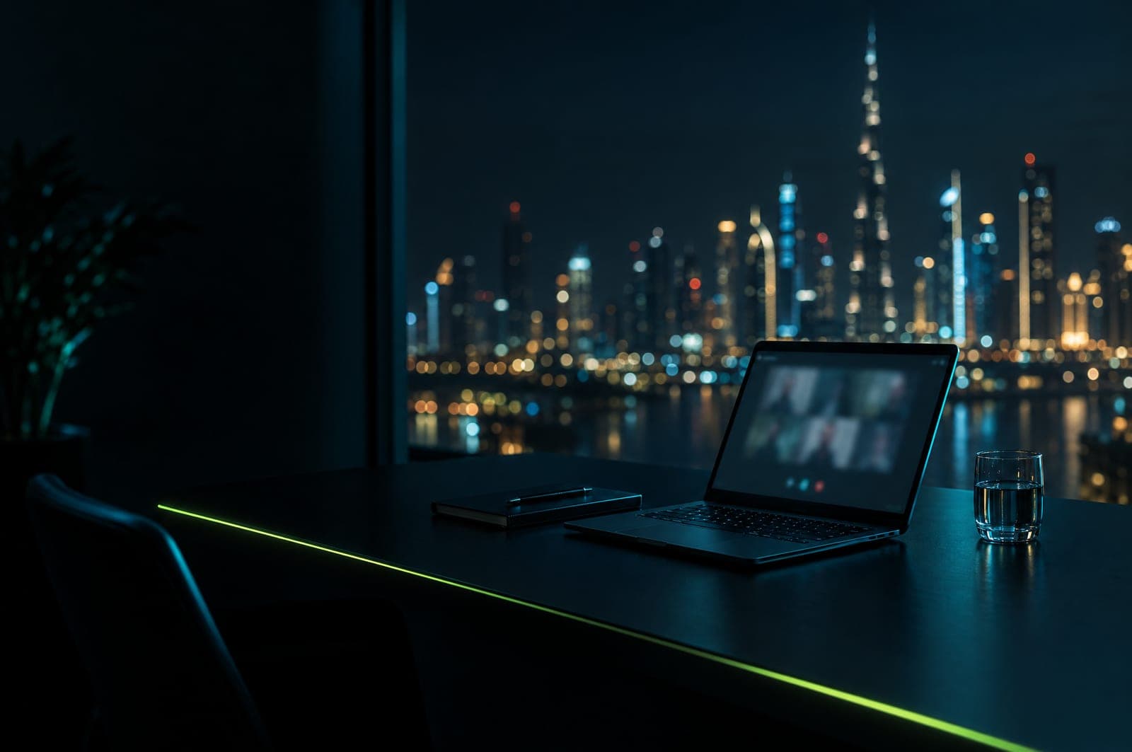 A laptop on a desk at night with the Dubai skyline behind it.