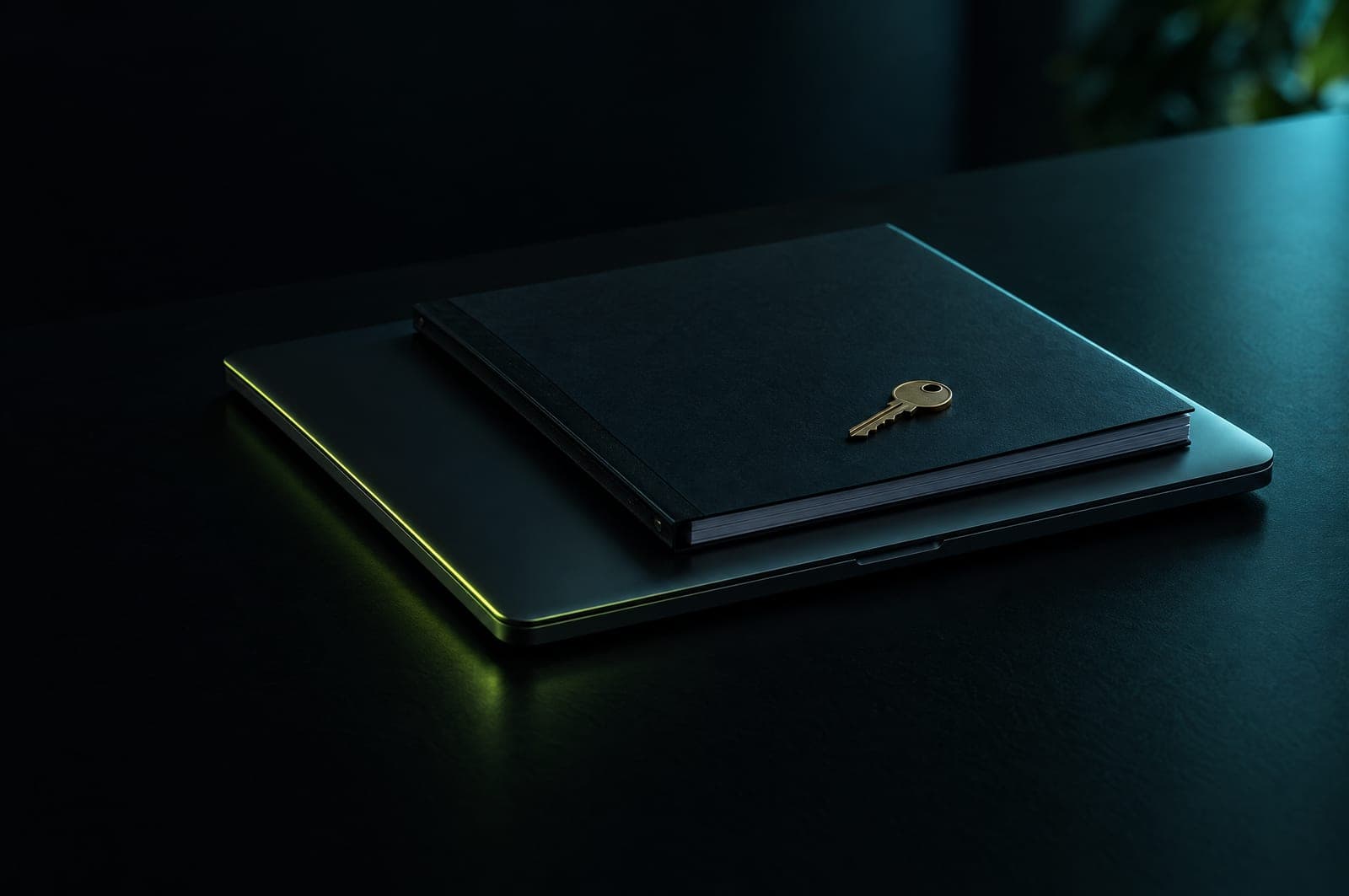 A closed laptop with a documentation booklet and a key on top.