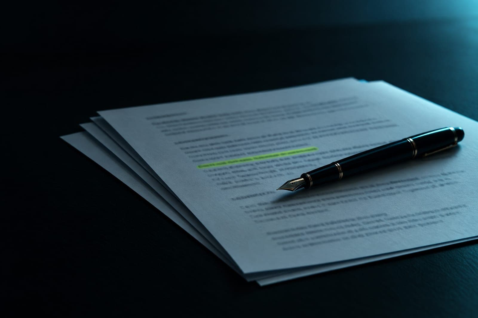 Printed proposal pages with one line highlighted and a pen resting on them.