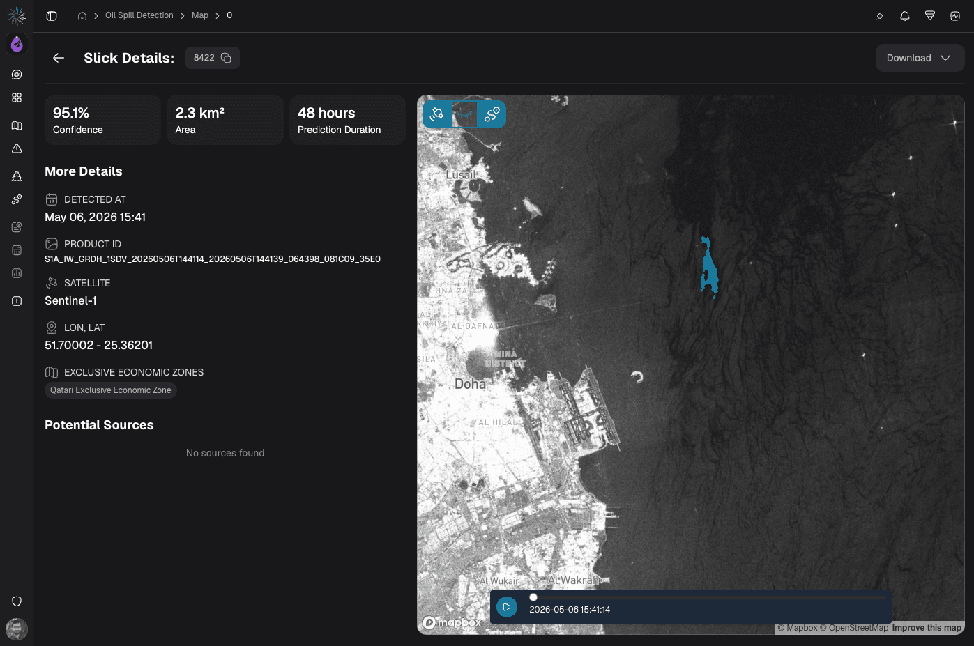 A slick detail view: confidence, area and prediction duration next to the Sentinel-1 SAR radar scene the detection was made from, with the slick outlined over the Doha coastline.