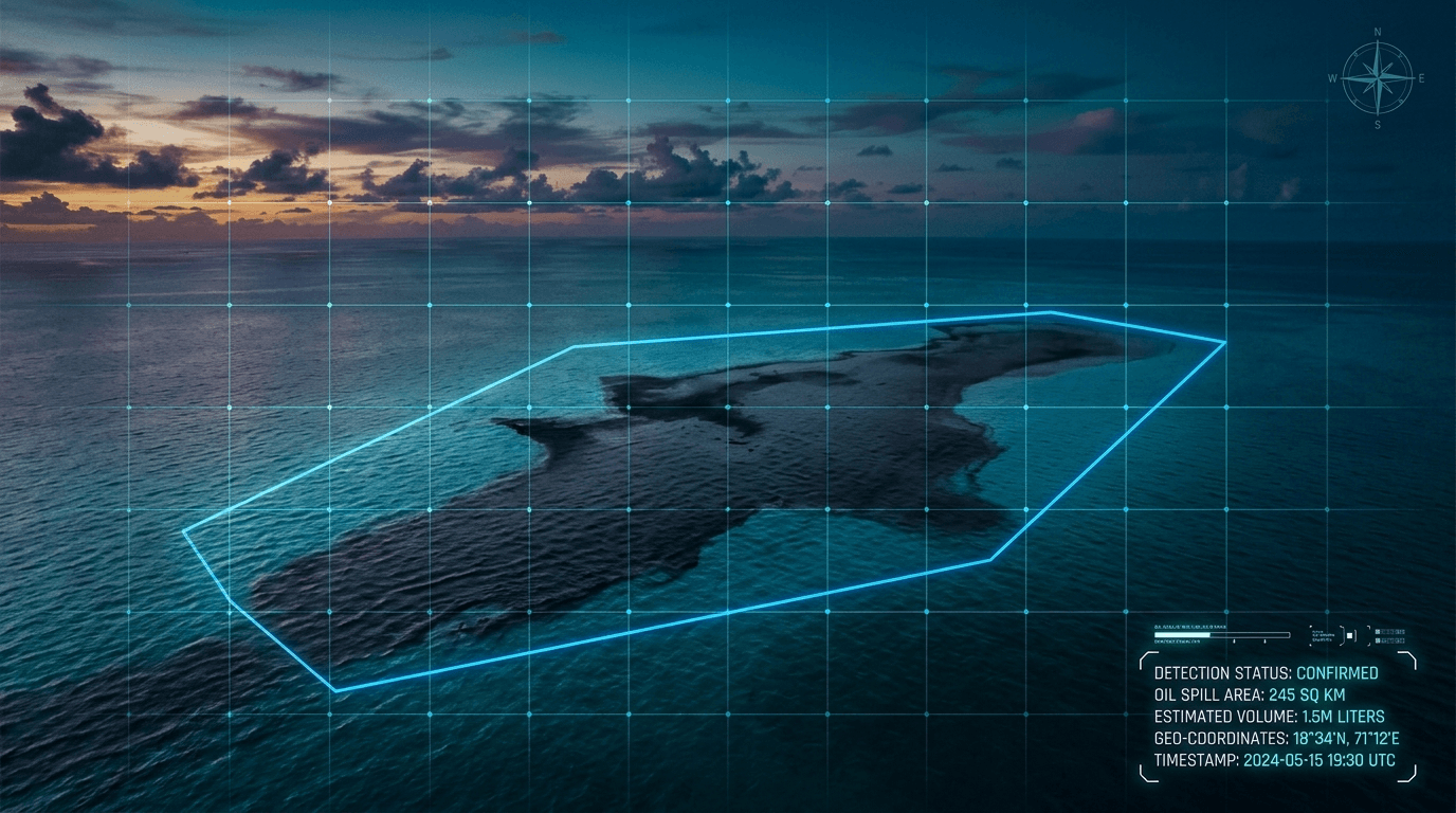 A detected oil slick outlined on the ocean at dusk, overlaid with a coordinate grid and a readout confirming the spill's area and location.